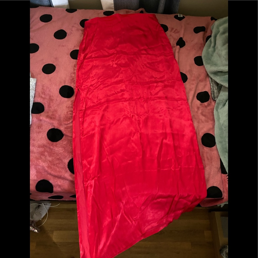New Red Maxi Satin Skirt with high slit